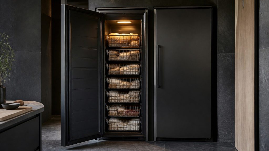 The freezer half of a side-by-side pair standing open on stacked wire baskets of frozen parcels, the refrigerator half beside it closed.