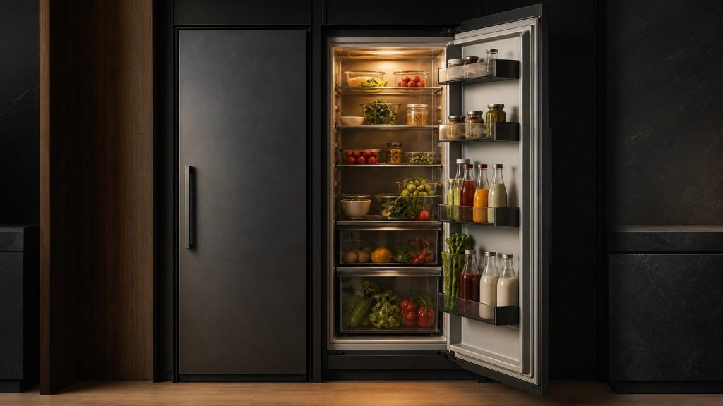 The refrigerator half of a side-by-side pair standing open on lit glass shelves of food, the freezer half beside it closed, dark cabinetry around.