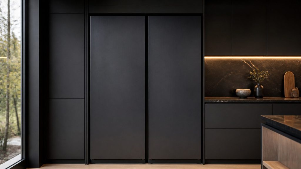 A pair of tall refrigeration columns standing side by side and closed in a near-black cabinet run, a single shadow gap between them, warm amber light along the stone worktop.
