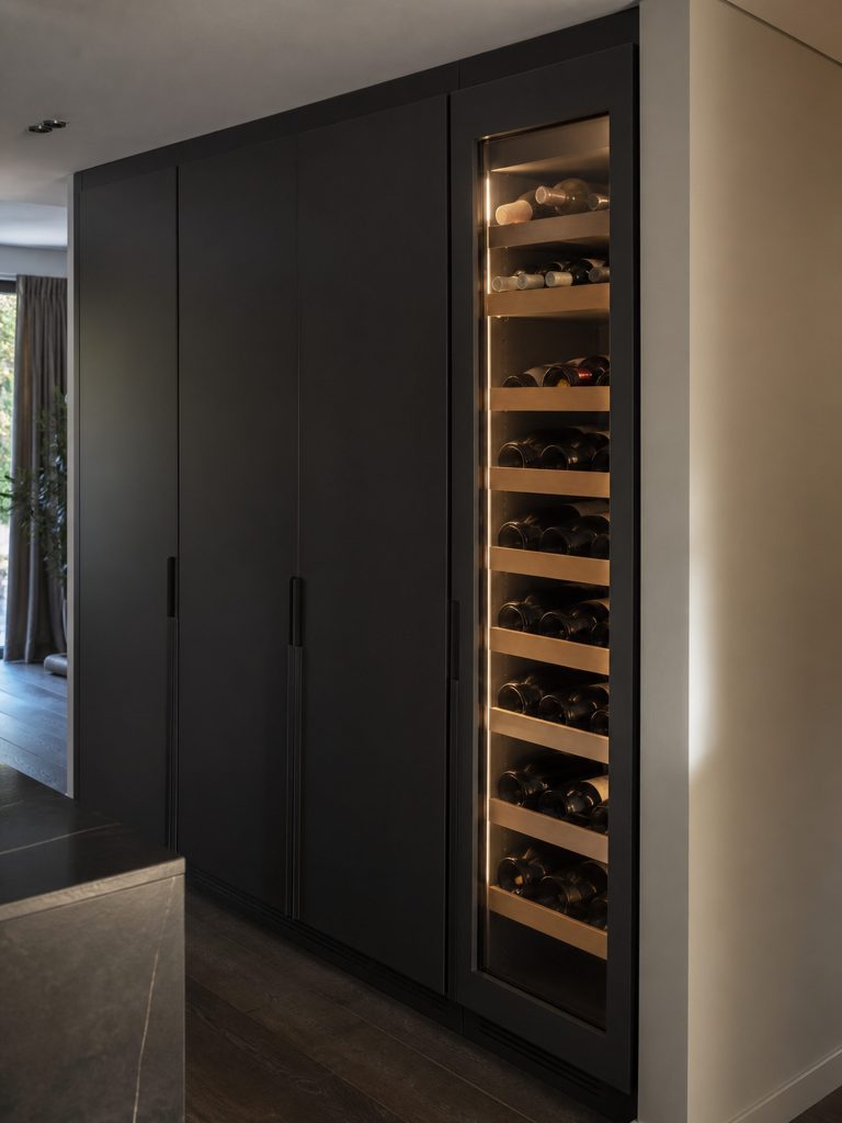 A narrow glass-fronted wine cabinet lit from within at the end of a run of tall dark cabinet doors, bottles on horizontal wooden runners