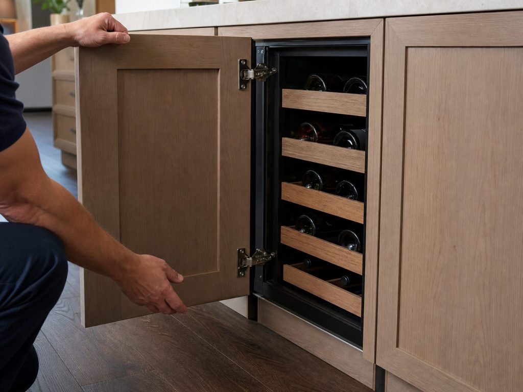 A panel-ready undercounter wine cabinet hinged on the right so the door opens to the left, wood-front racks visible in the gap