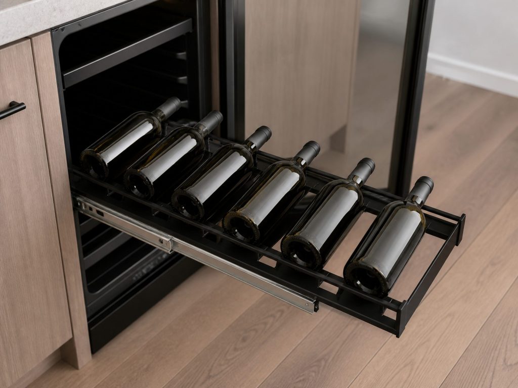 One wine rack pulled fully out of an undercounter cabinet on its runners, six bottles lying nose to tail along it