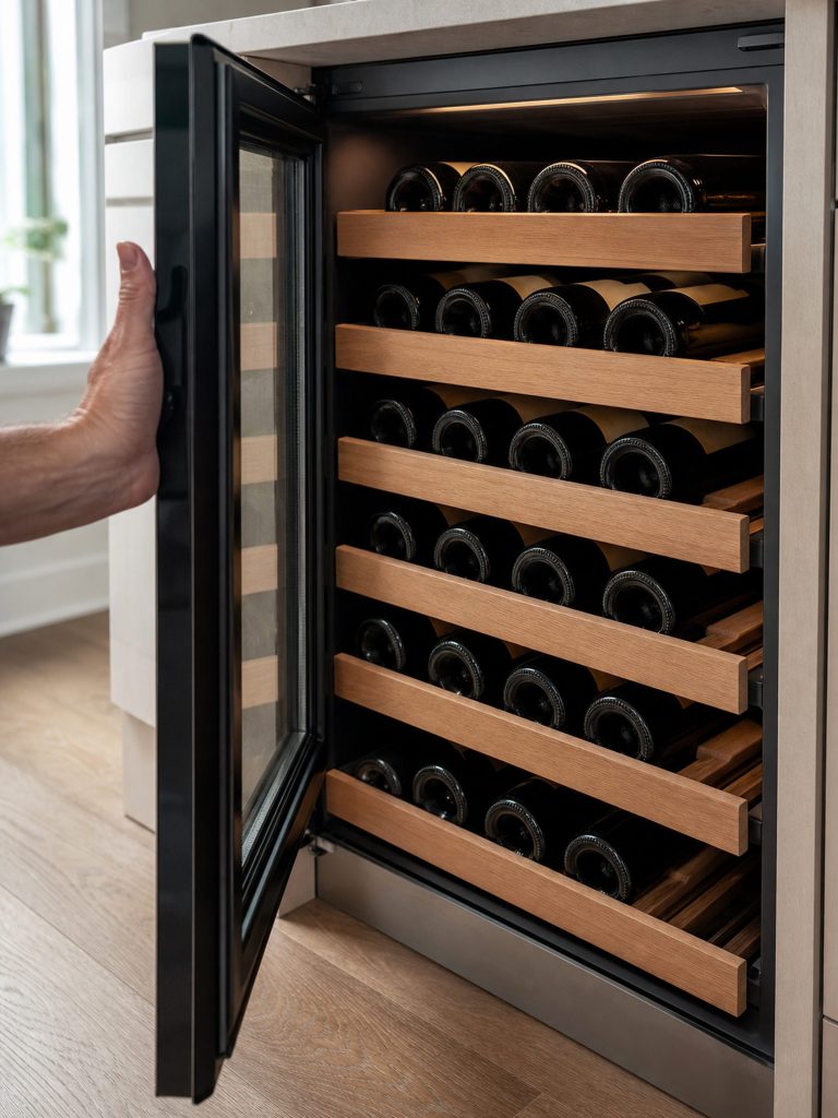 The stack of wood-front racks inside an open undercounter wine cabinet, bottles lying on each, the door held wide by a hand at the edge