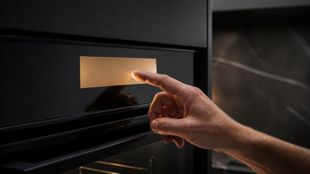 A close view of a fingertip about to touch a softly glowing control surface on a dark appliance door, warm amber light, near-black surroundings.