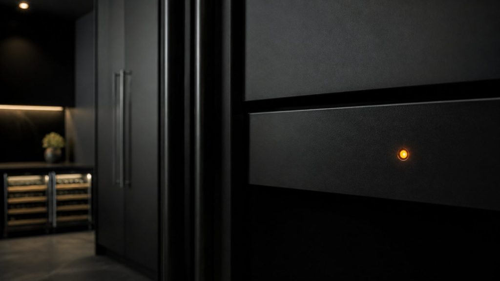 A close view of a small indicator light glowing on a dark appliance control area, everything around it near-black and out of focus.