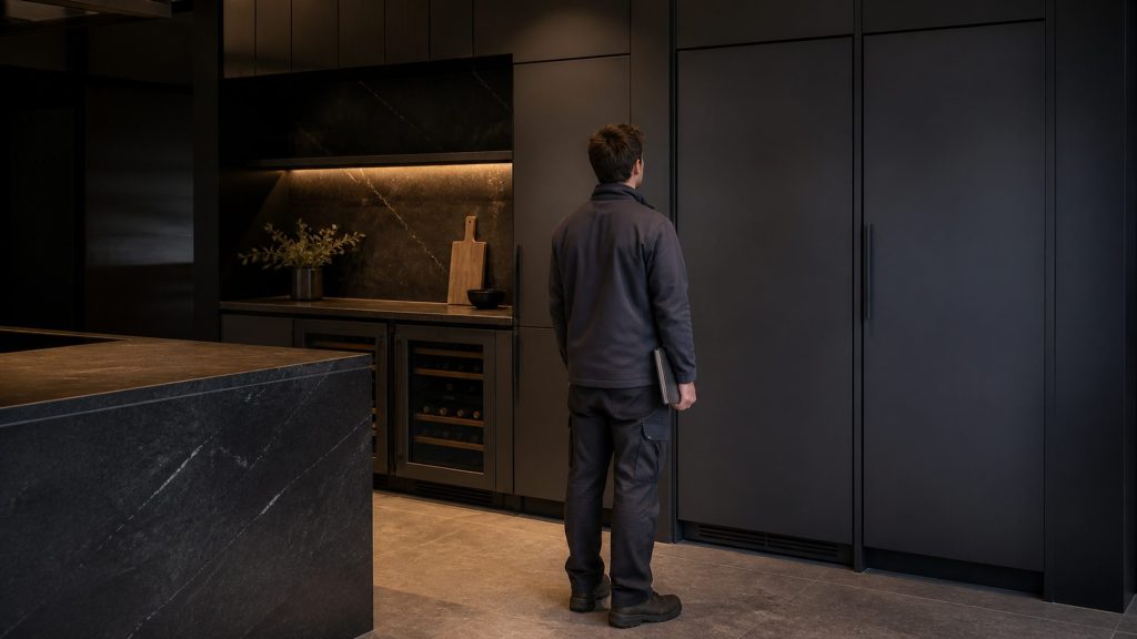 A technician standing back from a closed integrated refrigerator in a dark kitchen with a notebook lowered, nothing being repaired, warm amber light.