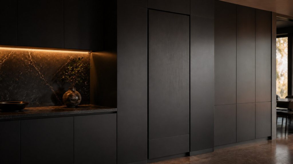 A full-height integrated refrigeration column set into dark joinery, its own cabinet front matching the run either side, seen slightly from the side so the depth of the housing is visible.