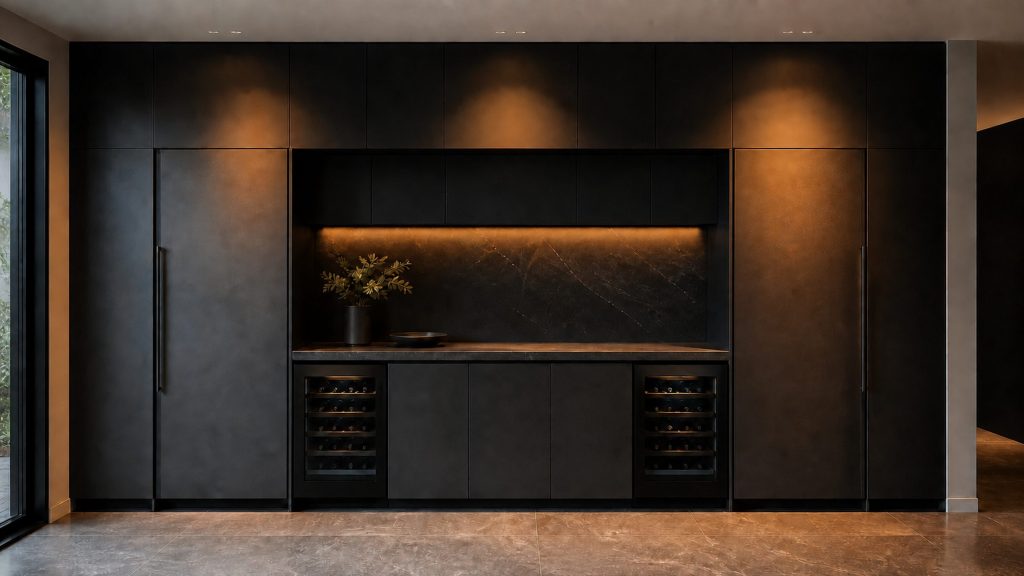 A continuous run of full-height integrated cabinetry in a near-black kitchen, two tall doors matching the joinery either side, warm light from above.