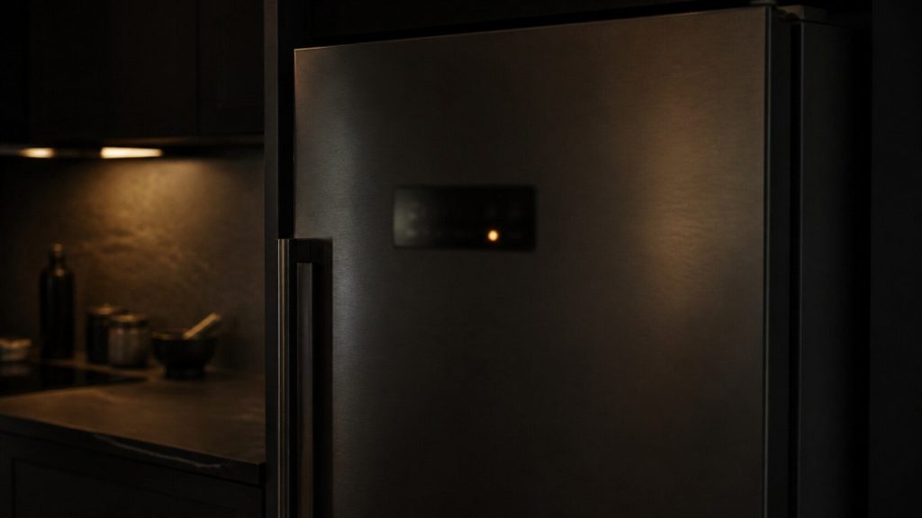 A dark refrigerator door front with a small illuminated control area, one indicator glowing, the rest of the frame near-black cabinetry in warm low light.