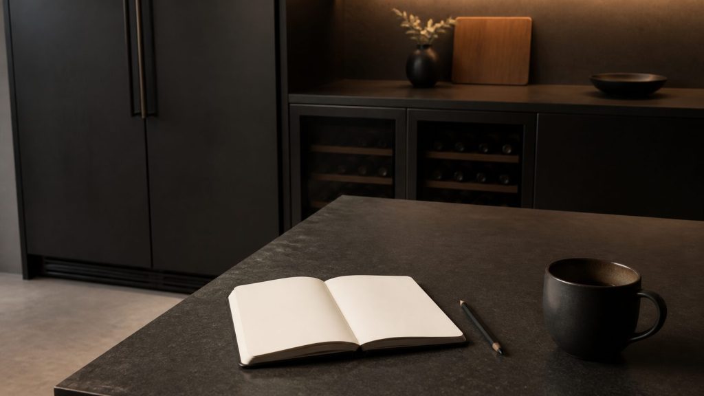 A close overhead crop of a technician's hands, in a dark work shirt with the sleeves turned back, writing with a plain pen on a blank service sheet on a dark stone worktop, a folded grey cloth and a small torch at the edge of frame.