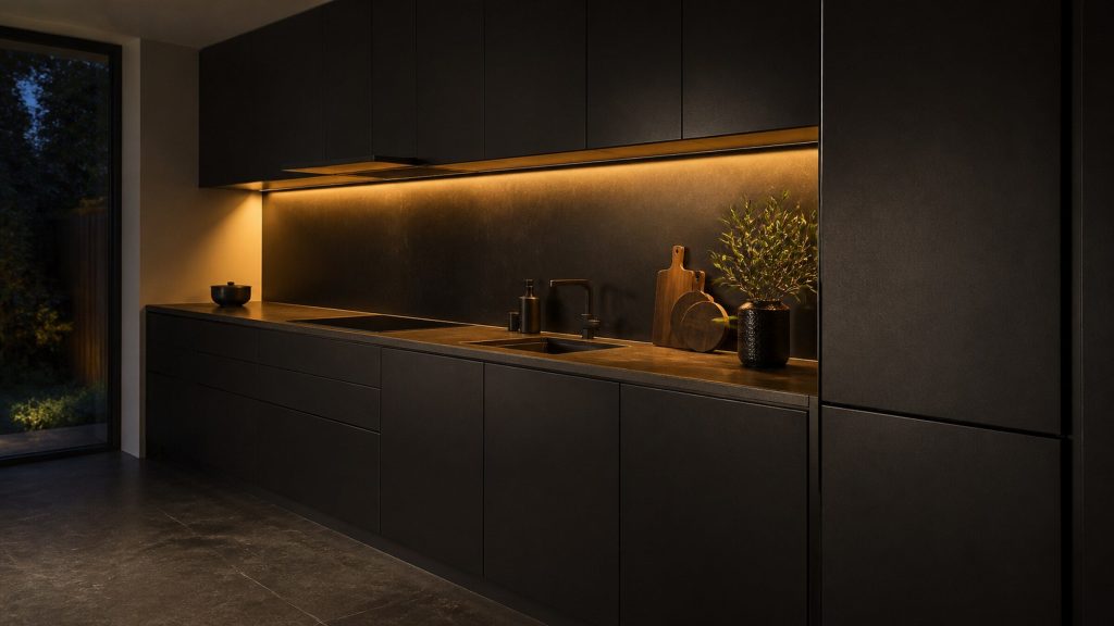A dark contemporary kitchen photographed along the counter run in low evening light, near-black cabinetry with a warm amber glow from under-cabinet lighting, a tall integrated refrigeration column with its own cabinet front at the right edge, a stone worktop catching the light.
