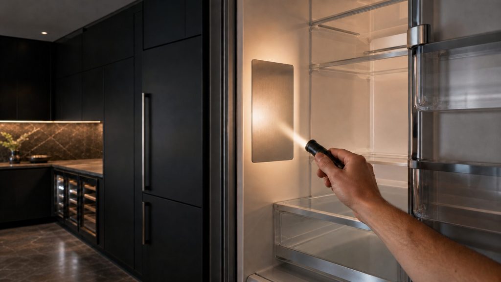 A hand holding a small torch toward the inside left wall of a tall refrigerator where a blank stainless plate is fixed, the cabinet interior lit, dark kitchen beyond.