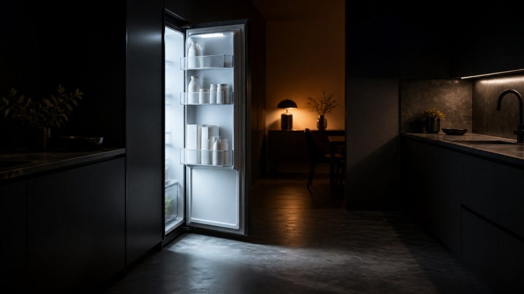 A near-black kitchen at night, a tall refrigerator door standing open with cold light spilling out onto a dark stone floor, shelves partly visible.