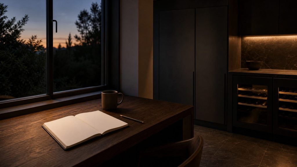 A dark oak desk under a window at dusk with a notebook open at a blank page, a pencil and a mug, warm interior light and deep shadow beyond.
