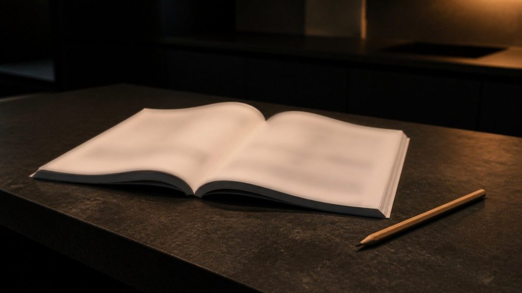 An open printed manual lying on a dark stone worktop under warm light, the page deliberately out of focus so no words can be read, a pencil beside it.