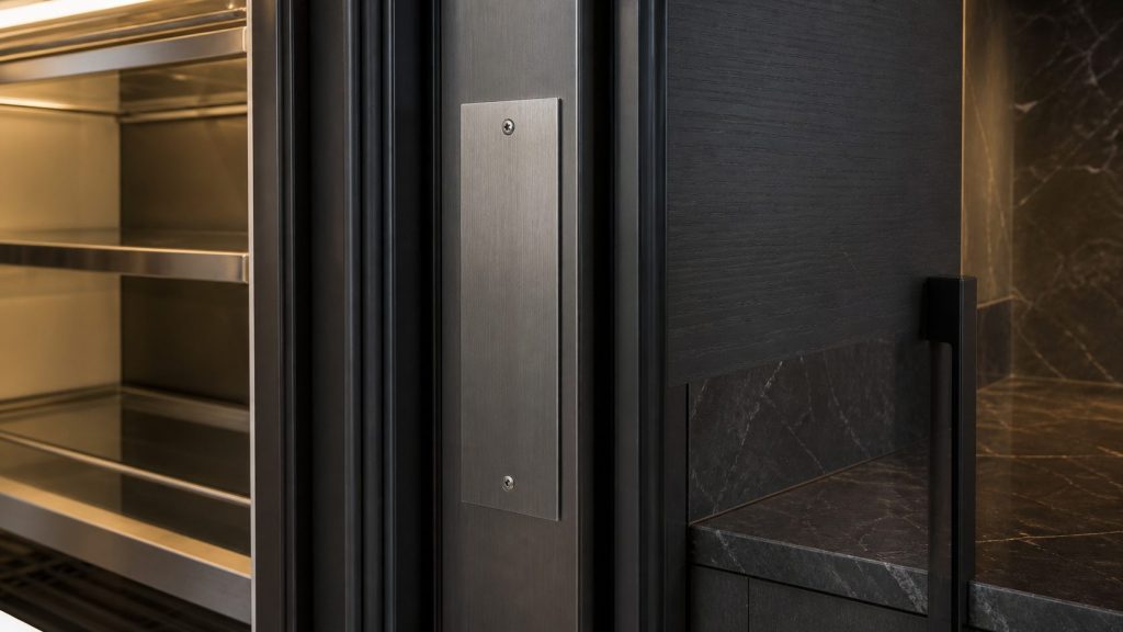 A blank brushed stainless rating plate fixed with two small screws inside the door jamb of a tall built-in appliance, near-black cabinetry around it, warm light raking across the steel.