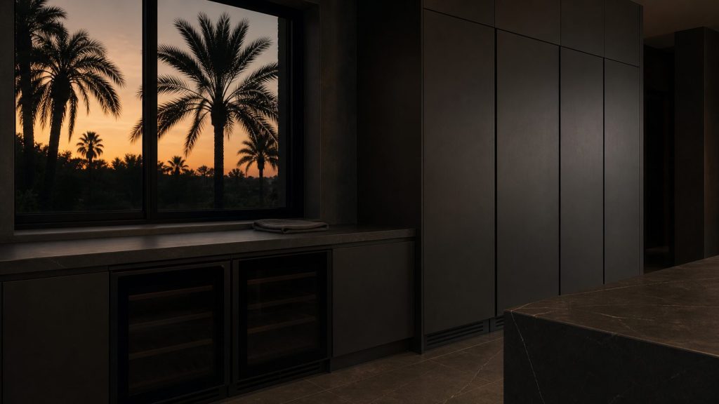 A dark kitchen window at dusk looking out onto palms in silhouette against a warm amber sky, a folded cloth on the sill inside.