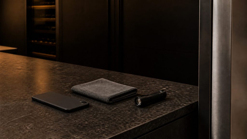 A phone lying face down beside a folded microfiber cloth and a small torch on a dark stone worktop, a stainless appliance edge at the right.