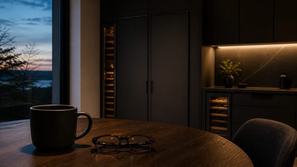 A plain dark ceramic mug and a folded pair of reading glasses on a dark oak table beside a window at dusk, warm interior light.