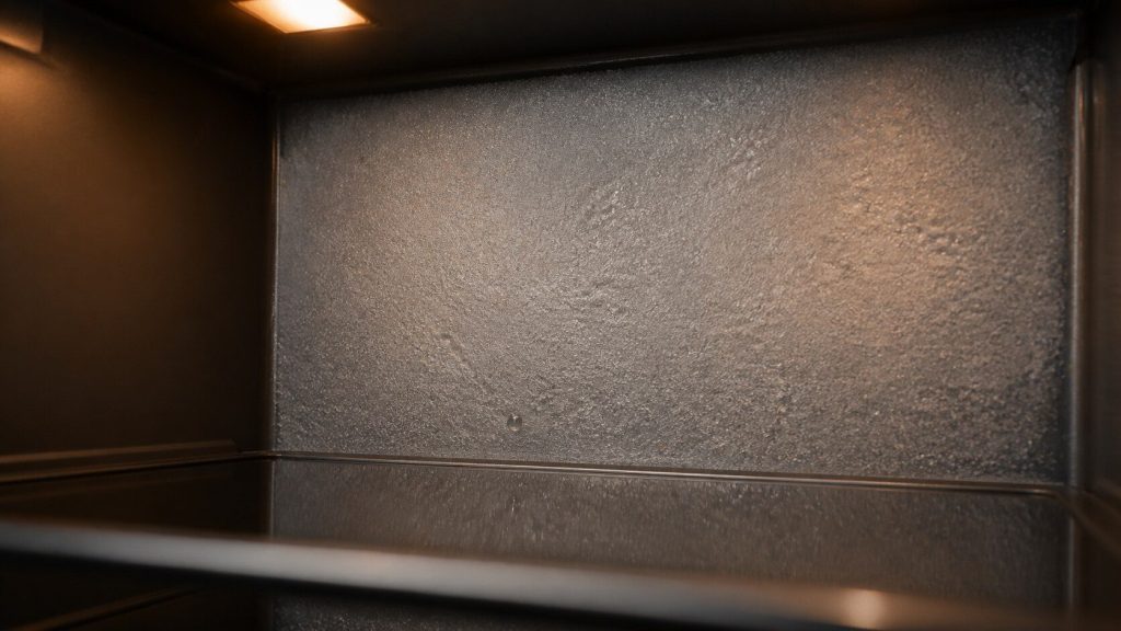 A close view of the rear wall inside a refrigerator compartment with a thin even layer of frost and beads of condensation, a shelf edge in the foreground.