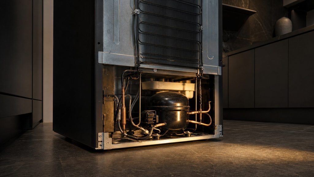 The back of a refrigeration cabinet pulled away from the wall in a dark kitchen, condenser tubing and the black compressor visible, a work light raking across it.