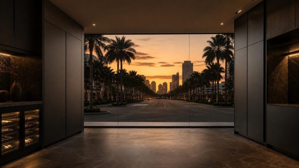 A South Florida boulevard at dusk seen through a windscreen, palms in silhouette either side against a warm amber sky, a distant line of towers ahead.