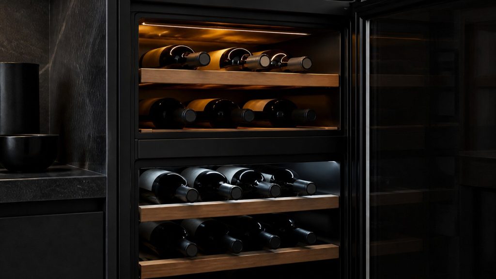 The interior of a wine cooler cabinet with wooden shelf runners and bottles lying on their sides, lit from within, two visibly different lighting temperatures suggesting separate zones.