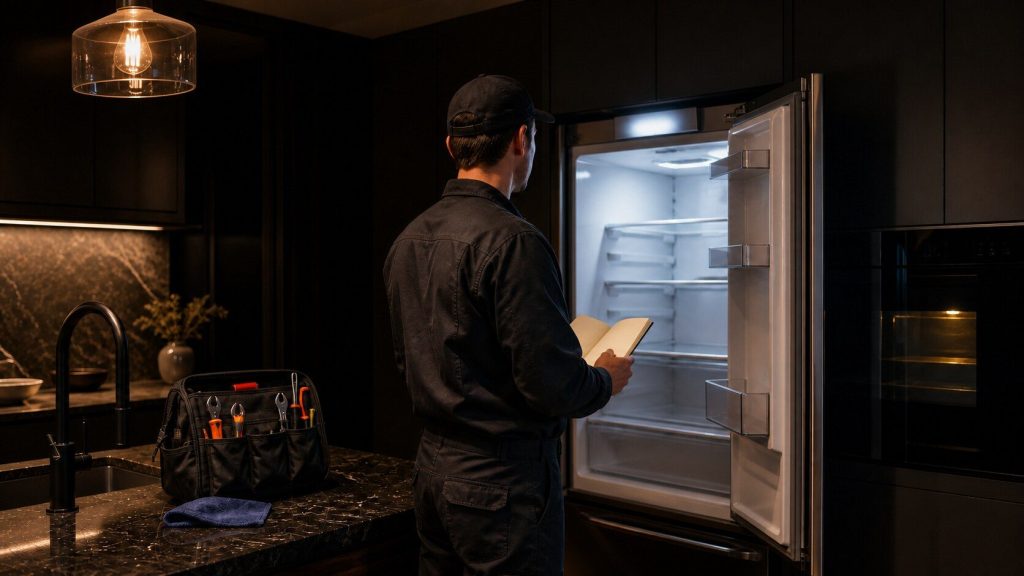A technician standing in front of an open refrigerator in a dark kitchen with a notebook, the appliance control panel glowing softly and unreadably.