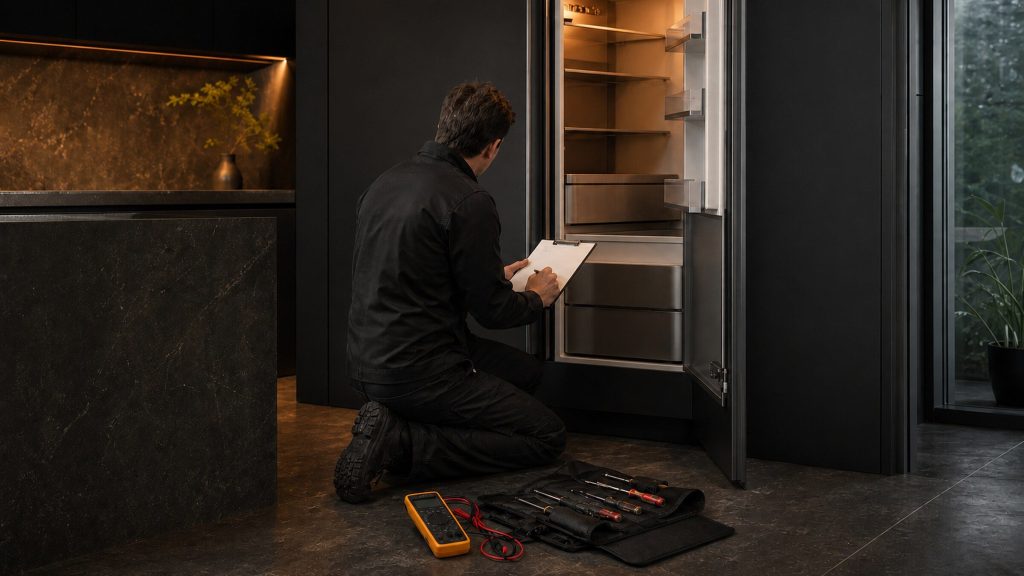 A technician kneeling beside a tall integrated refrigerator in a dark kitchen, writing on a clipboard, a multimeter resting on the floor beside an open tool roll.