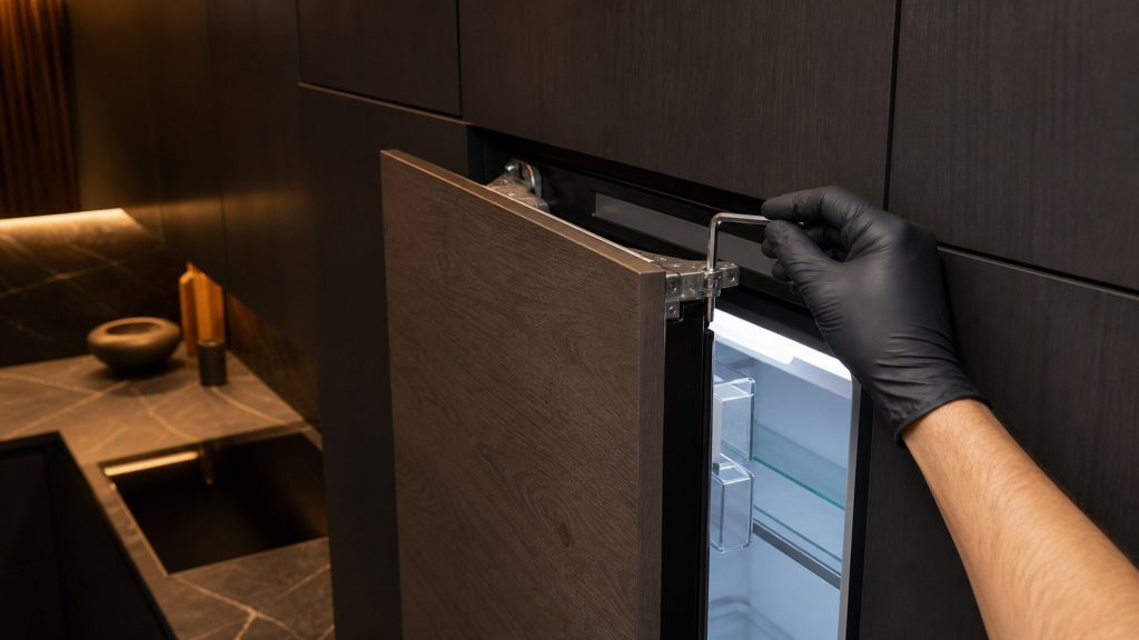 A gloved hand with a hex key adjusting the hinge at the top of a tall refrigerator door that carries a wooden cabinet front, the door held slightly open.