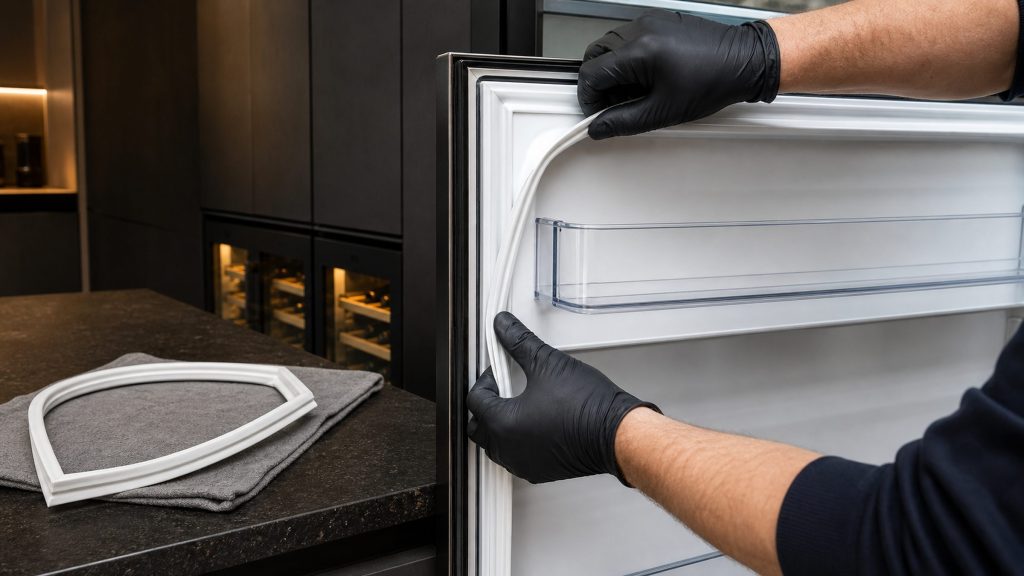 A technician's hands in nitrile gloves fitting a new white magnetic door gasket into the channel around a refrigerator door, the old seal lying on a folded cloth on the dark stone worktop beside it, near-black cabinetry behind, warm amber light.