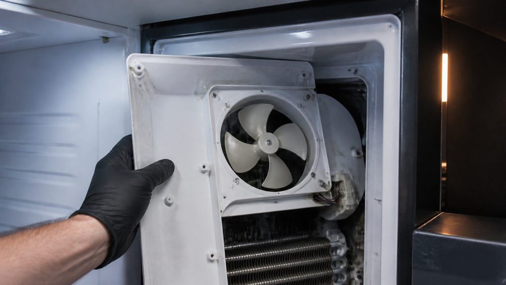 A close view of the rear interior panel of a freezer compartment removed to expose the evaporator fan and its blade, a gloved hand steadying the panel.