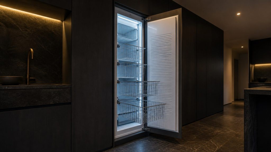 A full-height integrated freezer column standing open in a dark kitchen, its wire baskets pulled forward, cold light spilling out.