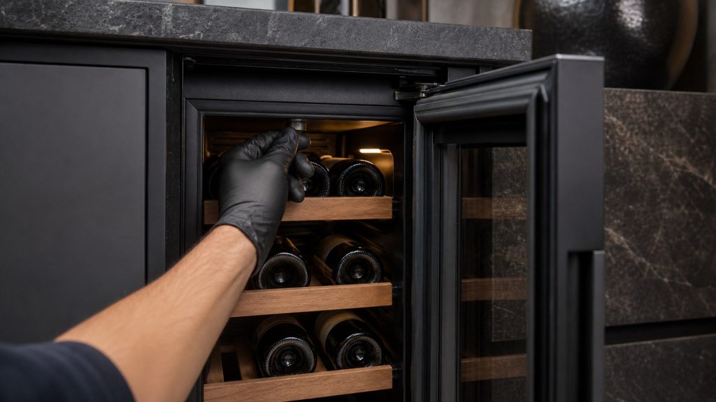 The open door of a built-in wine cooler cabinet with wooden shelf runners and bottles on their sides, a gloved hand adjusting a control at the top of the compartment.