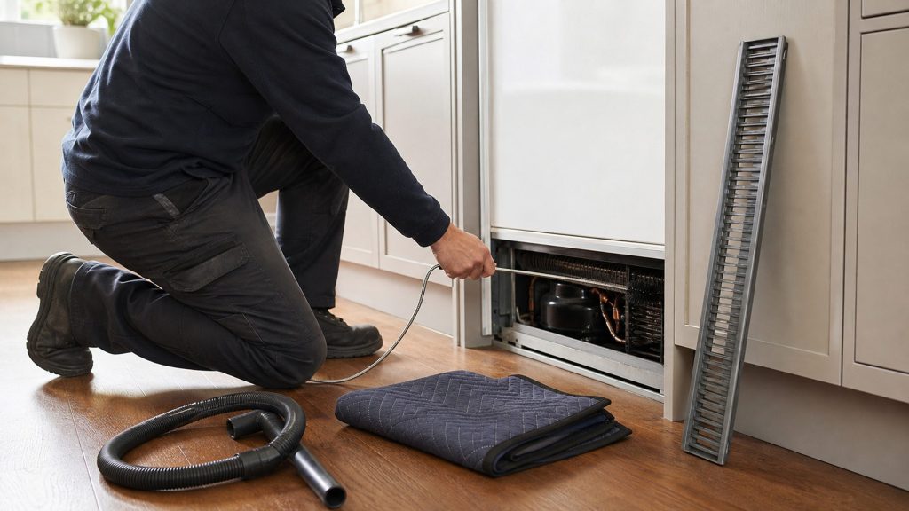 The plinth grille standing against the cupboard beside the opening, coil and compressor visible in the bay, a long slim brush in the technician's hand, vacuum hose ready on the floor.