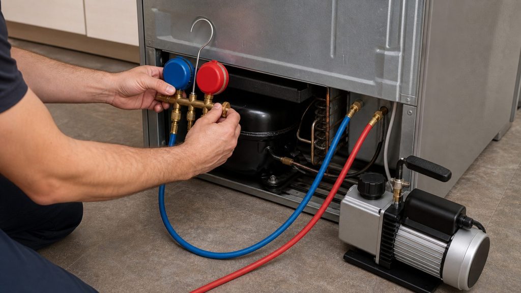 The machine compartment at the back of a refrigerator with the cover off — compressor, condenser tubing, process valves — a two-gauge manifold in both hands and a vacuum pump beside.