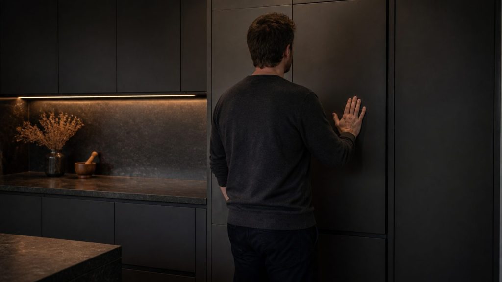 A person standing in front of a closed integrated refrigerator door in a dark kitchen, head tilted as if listening, one hand resting on the door.
