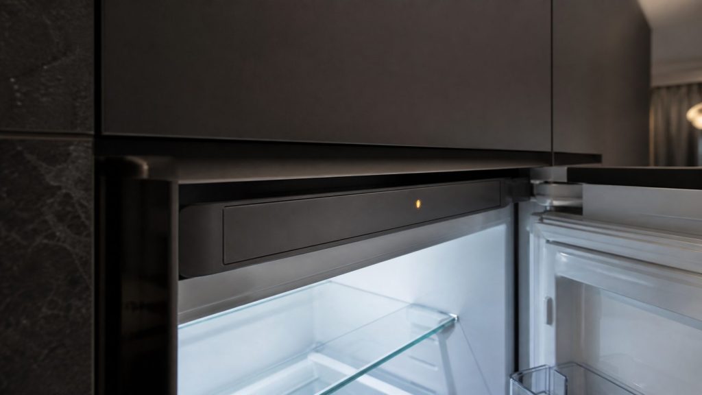 A close view along the inside top edge of an open refrigerator compartment where the control strip sits, one indicator lit warm amber and the surface around it plain and unmarked, cold interior light falling on a glass shelf below.