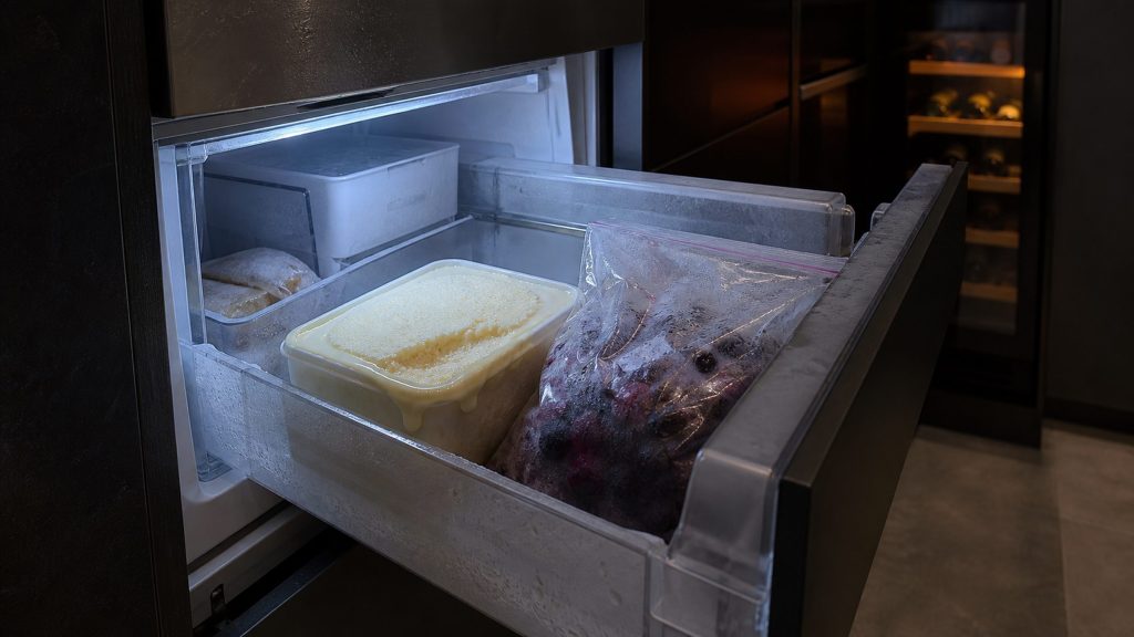 An open freezer drawer where the food has begun to thaw — a tub of ice cream gone soft at the edge, a bag of berries slumped and wet, condensation beading on the plastic — photographed close in cold light against near-black cabinetry.