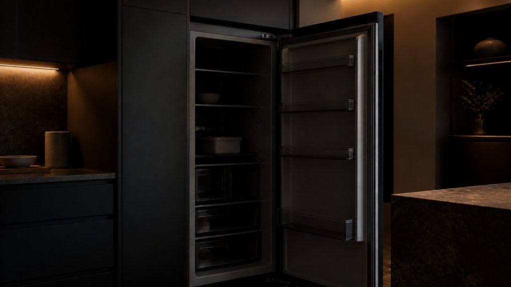 A refrigerator door standing open in a dark kitchen with the interior unlit, shelves just visible in ambient light from the room.