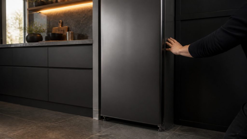A tall refrigerator standing slightly away from dark cabinetry, its adjustable foot visible at floor level, a hand steadying the side of the cabinet.