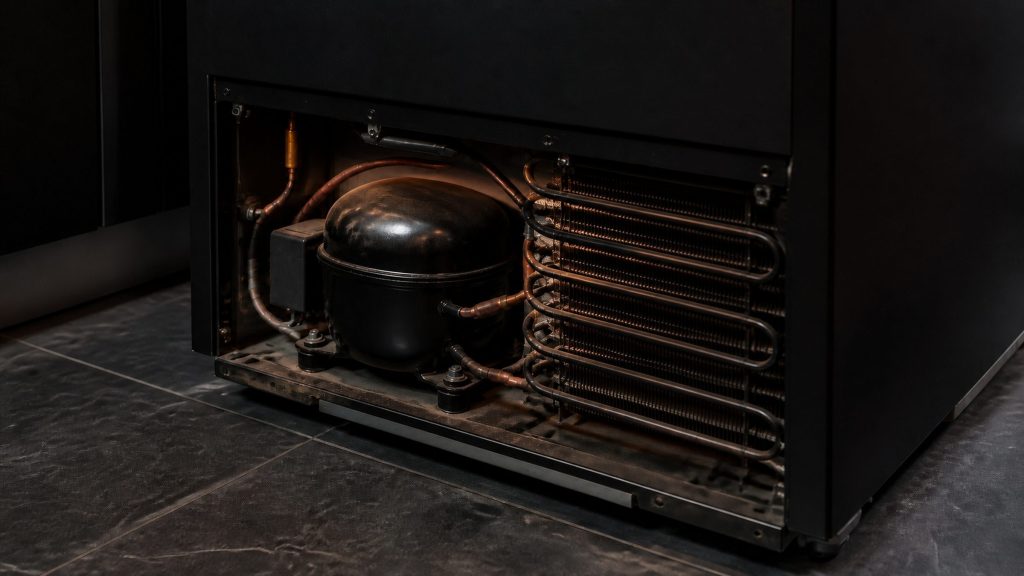 A refrigeration compressor and condenser tubing at the back of a cabinet, warm from running, seen in a dim service light with the cabinet pulled forward.